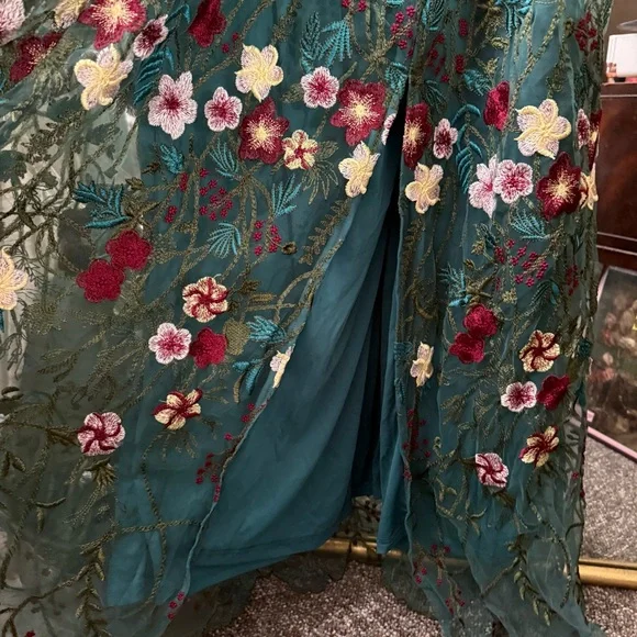 Fehrnvi Green and Teal Floral Embroidered Tulle Faux Wrap Maxi Dress - Picture 7 of 9
